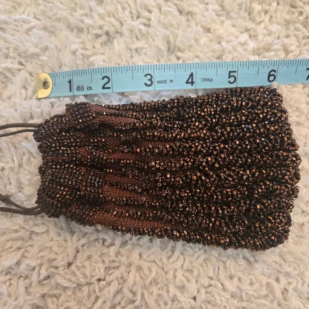 Antique Bronze Brown Bead Flapper Bag Drawstring Purse Pouch